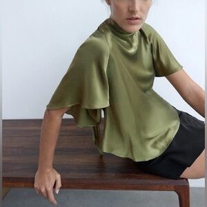 Zara Olive Green Satin Effect Blouse